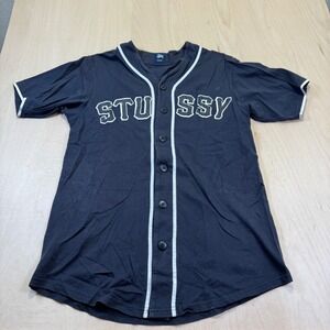 Stussy Black Baseball Jersey Shirt Men's Medium Short Sleeve Button Up